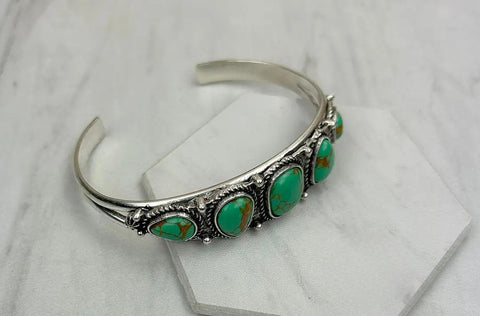 Silver Metal With Green Turquoise Stone Bangle