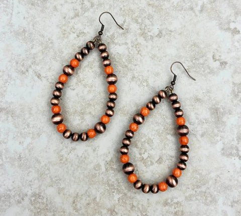 Copper Navajo Pearl & Orange Stone Teardrop Earrings