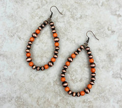 Copper Navajo Pearl & Orange Stone Teardrop Earrings