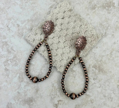 Copper Concho With Navajo Pearl Bead Teardrop Earrings