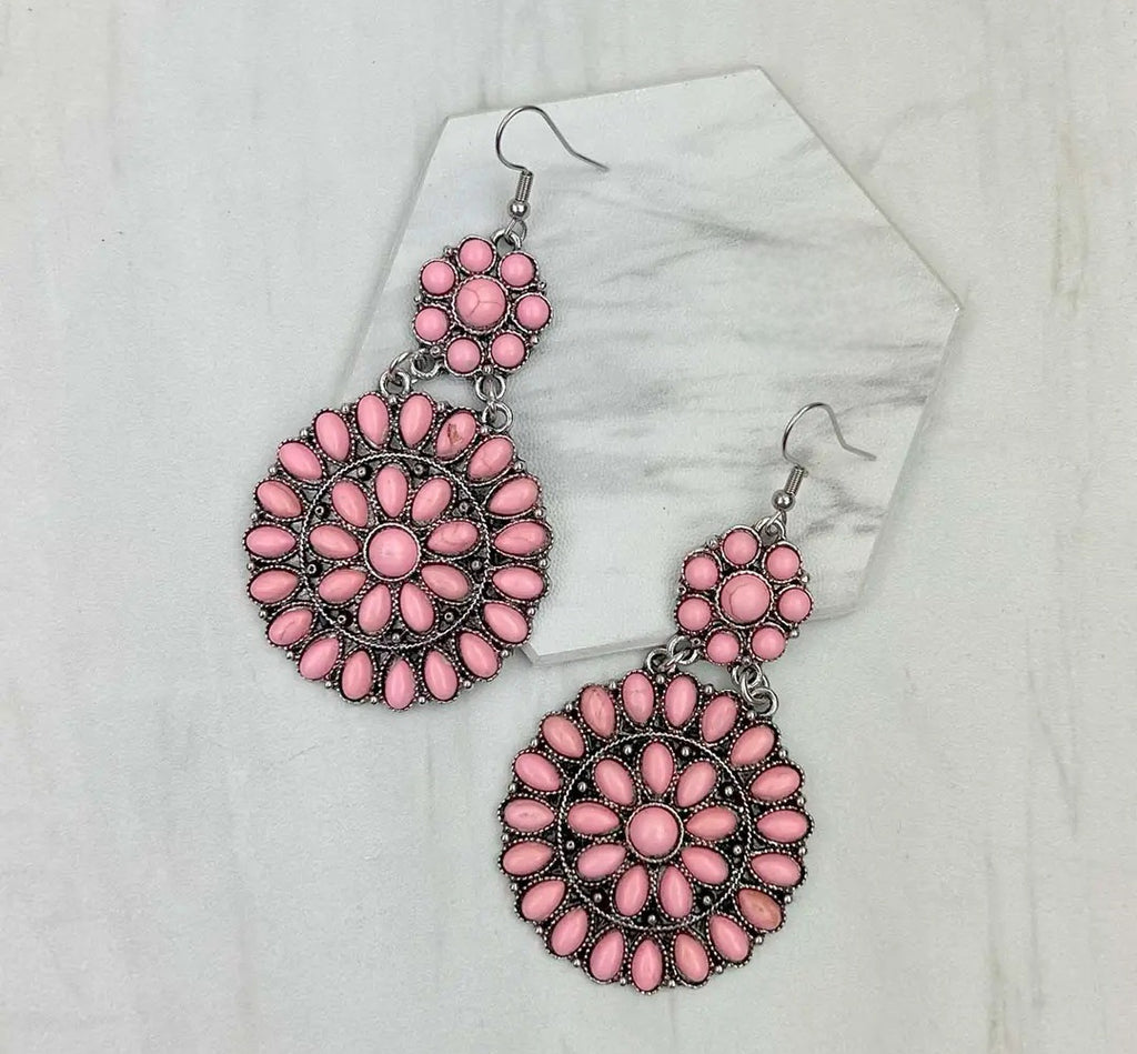 Silver Metal With Light Pink Stone Flower Concho Earrings