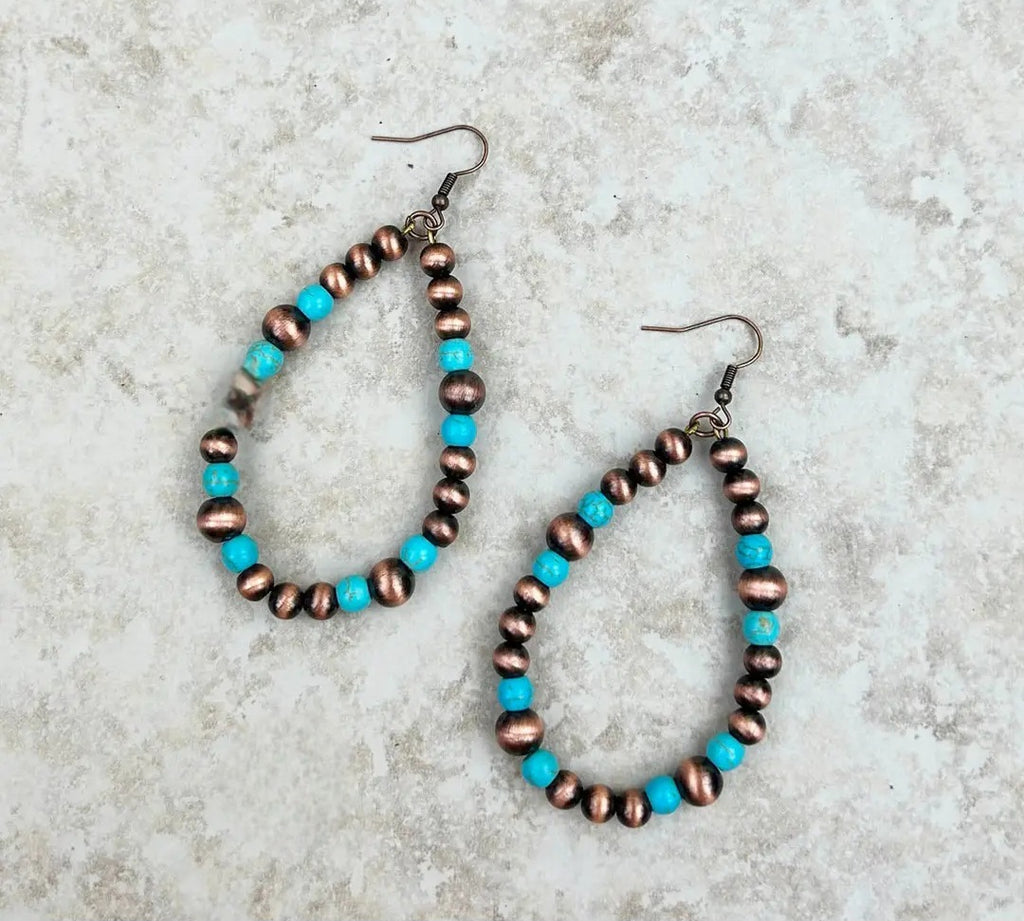 Copper Navajo Pearl With Blue Turquoise Stone Teardrop Earrings