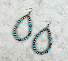 Copper Navajo Pearl With Blue Turquoise Stone Teardrop Earrings
