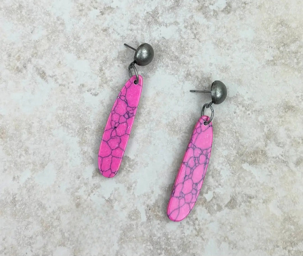 Silver With Hot Pink Stone Teardrop Earrings