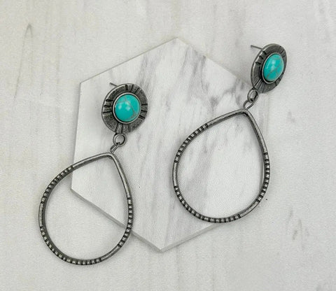 Silver Metal Circle With Blue Turquoise Stone Earrings