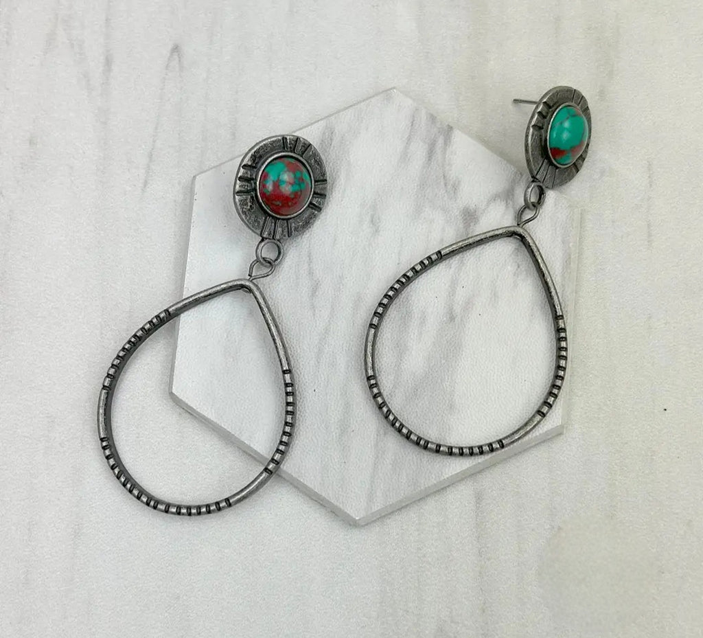 Silver Metal Circle With Green Turquoise Stone Earrings