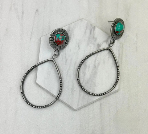 Silver Metal Circle With Green Turquoise Stone Earrings