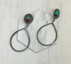 Silver Metal Circle With Green Turquoise Stone Earrings