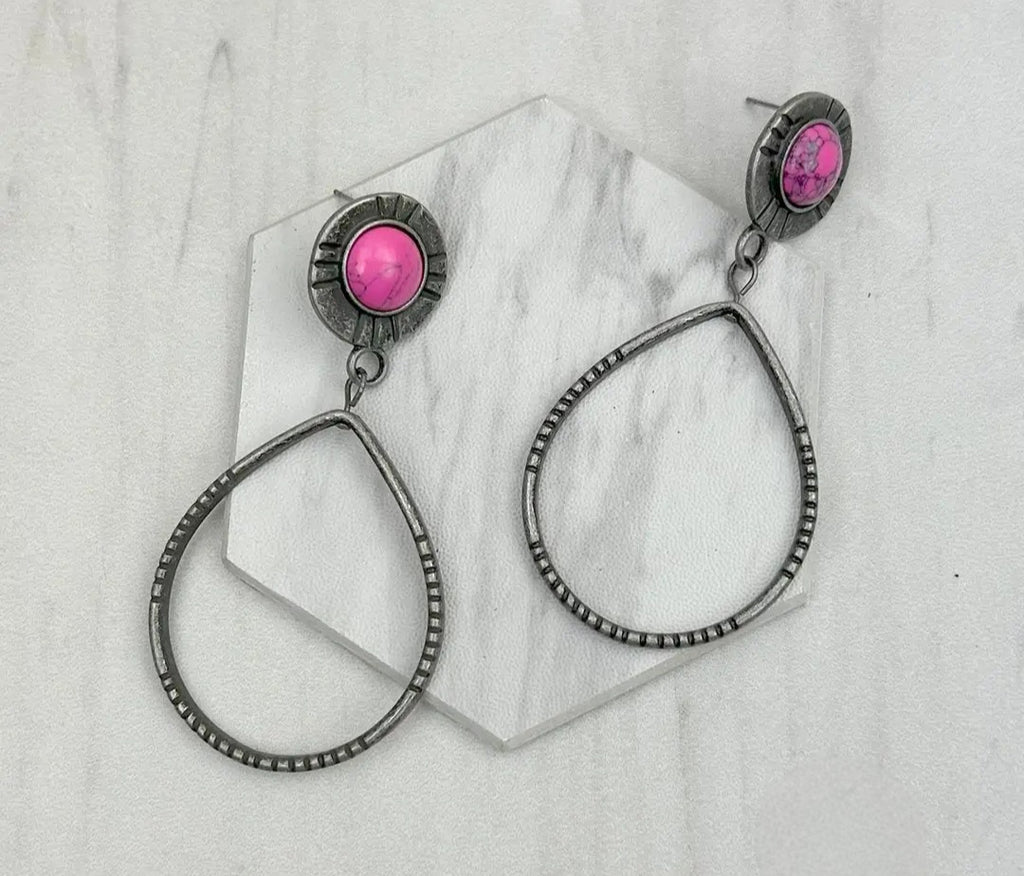 Silver Metal Circle With Hot Pink Stone Earrings
