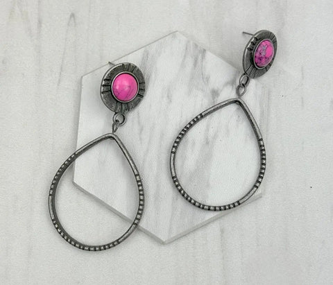 Silver Metal Circle With Hot Pink Stone Earrings