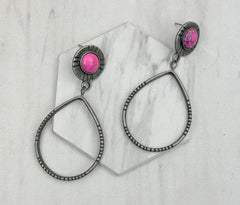 Silver Metal Circle With Hot Pink Stone Earrings