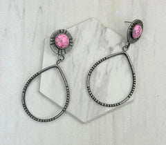 Silver Metal Circle With Light Pink Stone Earrings