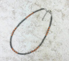 Orange Stone With Silver Navajo Pearl Bead Necklace