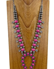 Silver With Hot Pink Stone Squash Blossom Necklace