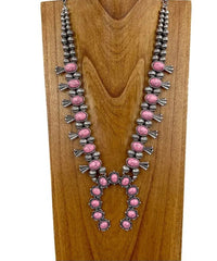 Silver With Light Pink Stone Squash Blossom Necklace