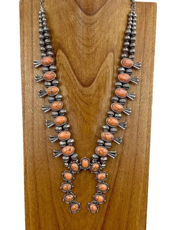 Silver With Orange Stone Squash Blossom Necklace
