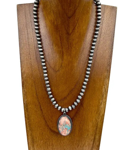 Silver Navajo Pearl Beads With Oval Oyster Copper Turquoise Pendant Necklace