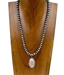 Silver Navajo Pearl Beads With Oval Oyster Copper Turquoise Pendant Necklace