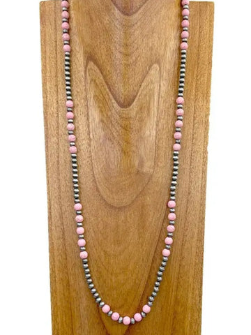 Silver Navajo Pearl With Light Pink Round Stone Beads Necklace