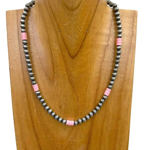 Light Pink Stone With Silver Navajo Pearl Beads Necklace