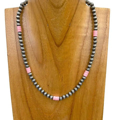 Light Pink Stone With Silver Navajo Pearl Beads Necklace
