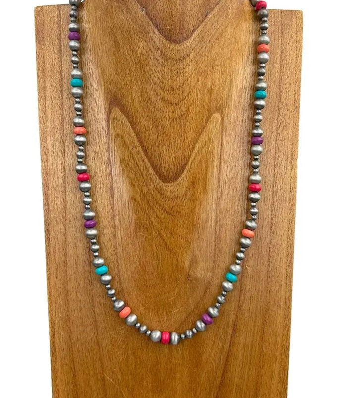 Silver Navajo Pearl With Multi Color Stone Beads Necklace