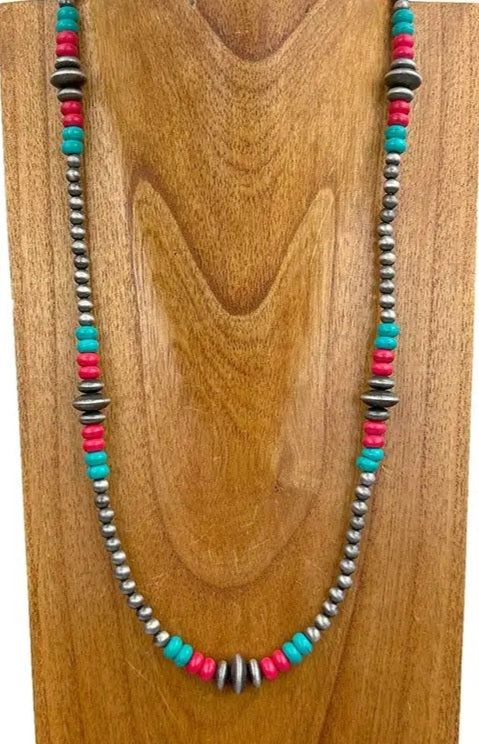Silver Navajo Pearl With Multi Color Stone Beads Necklace