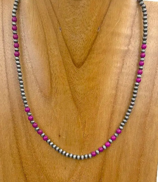 Silver Navajo Pearl With Purple Stone Beads Necklace