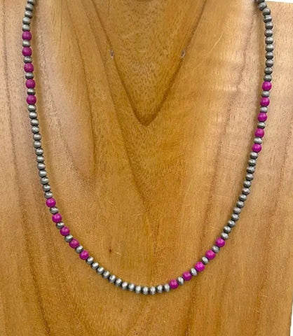 Silver Navajo Pearl With Purple Stone Beads Necklace