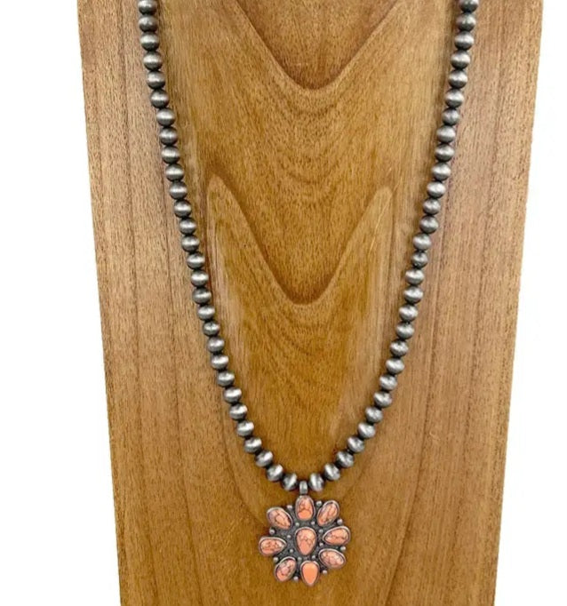 Silver Navajo Pearl Beads With Orange Stone Concho Necklace