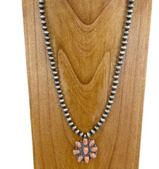 Silver Navajo Pearl Beads With Orange Stone Concho Necklace