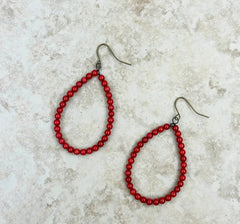 Red Coral Teardrop Hoop Dangle Earrings