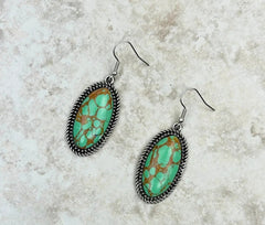 Silver Dangle Earrings With Green Oval Stone