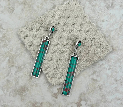 Silver Dangle Earrings With Green Turquoise Stone