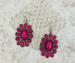 Silver Dangle Earrings With Hot Pink Oval Concho Stone