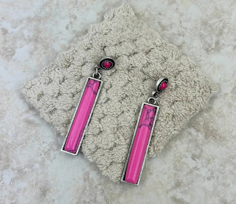 Silver Dangle Earrings With Long Pink Stone Bar