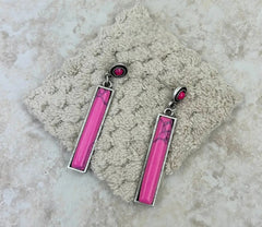 Silver Dangle Earrings With Long Pink Stone Bar