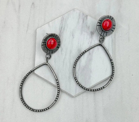 Silver Metal Circle Dangle Earrings With Red Stone