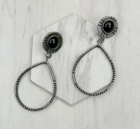 Silver Metal Circle With Black Stone Dangle Earrings