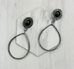 Silver Metal Circle With Black Stone Dangle Earrings