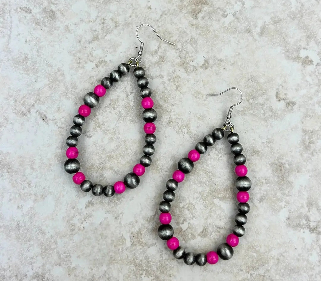 Silver Navajo Pearl Earrings With Hot Pink Teardrop Stone