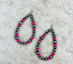 Silver Navajo Pearl Earrings With Hot Pink Teardrop Stone