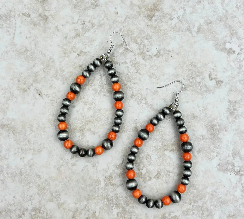Silver Navajo Pearl Earrings With Orange Teardrop Stone