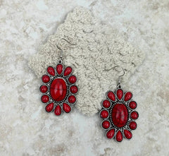 Silver Oval Concho Dangle Earrings With Red Stone