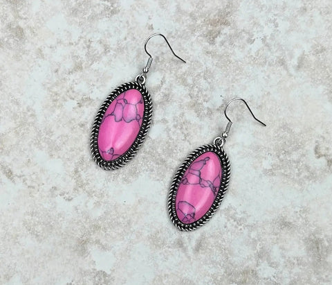 Silver Oval Dangle Earrings With Hot Pink Stone