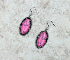 Silver Oval Dangle Earrings With Hot Pink Stone