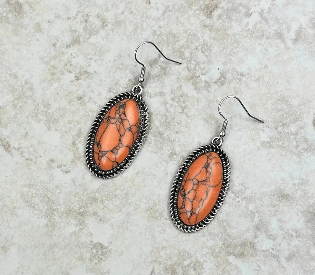 Silver Oval Dangle Earrings With Orange Stone