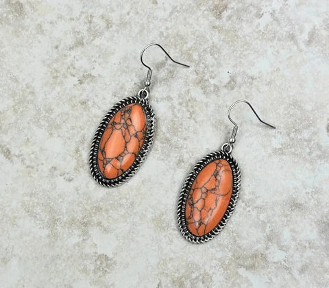 Silver Oval Dangle Earrings With Orange Stone