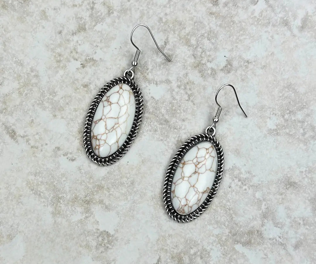 Silver Oval Dangle Earrings With White Stone