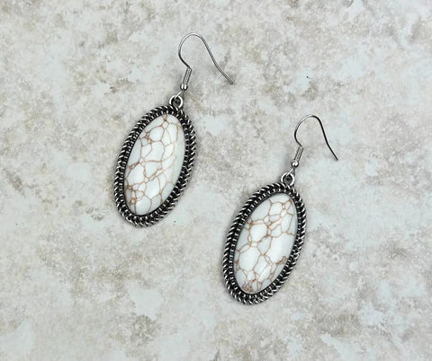 Silver Oval Dangle Earrings With White Stone